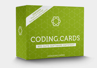 Grünes Kartenset der Coding.Cards auf hellem Hintergrund mit dem Text: ‘Wie gute Software entsteht'.