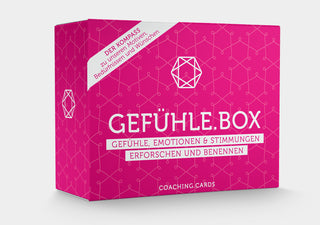 Magenta Kartenset der GefühleBox auf hellem Hintergrund mit dem Text: ‘Gefühle, Emotionen & Stimmungen erforschen und benennen’.